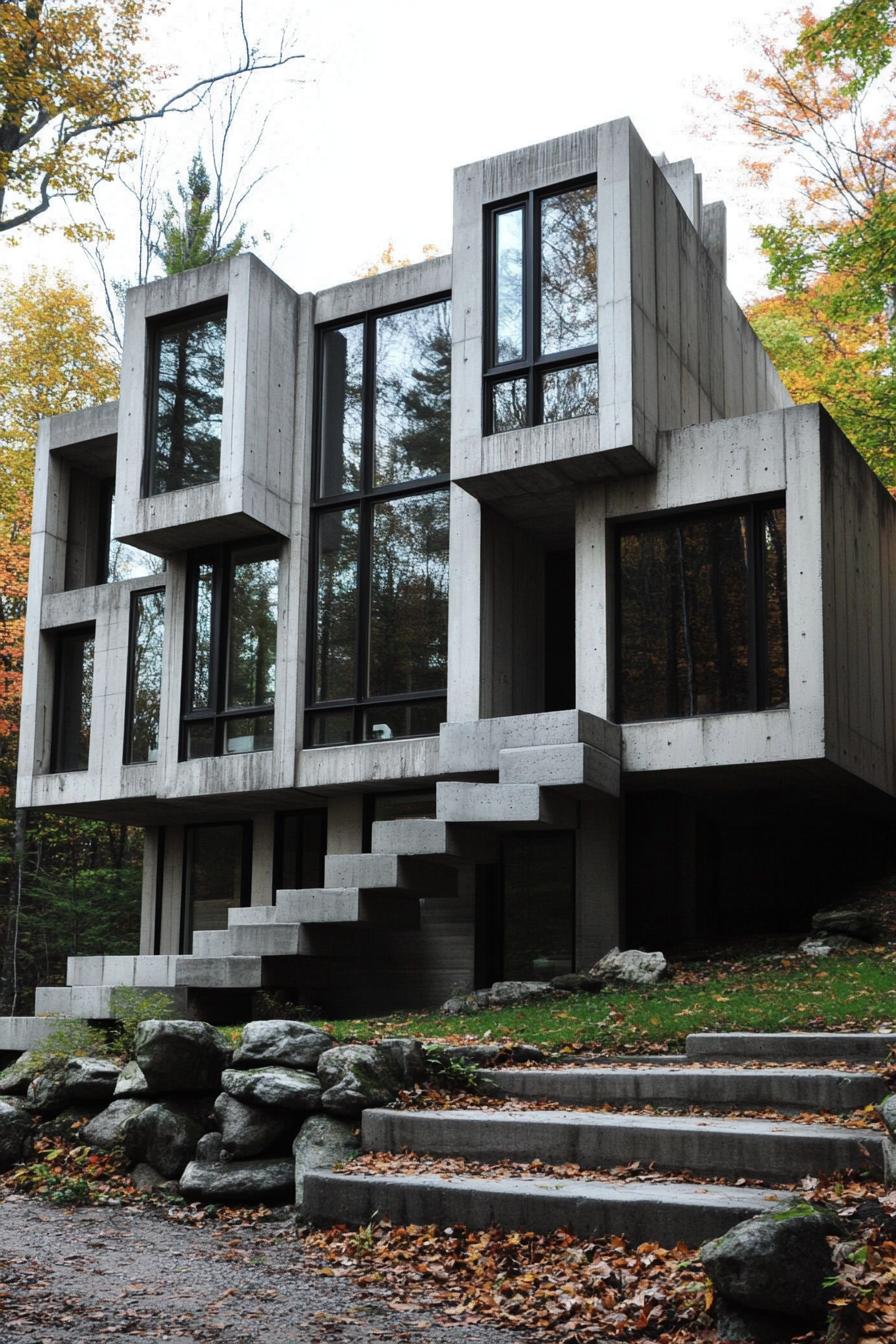 Modern concrete house with geometric design surrounded by trees