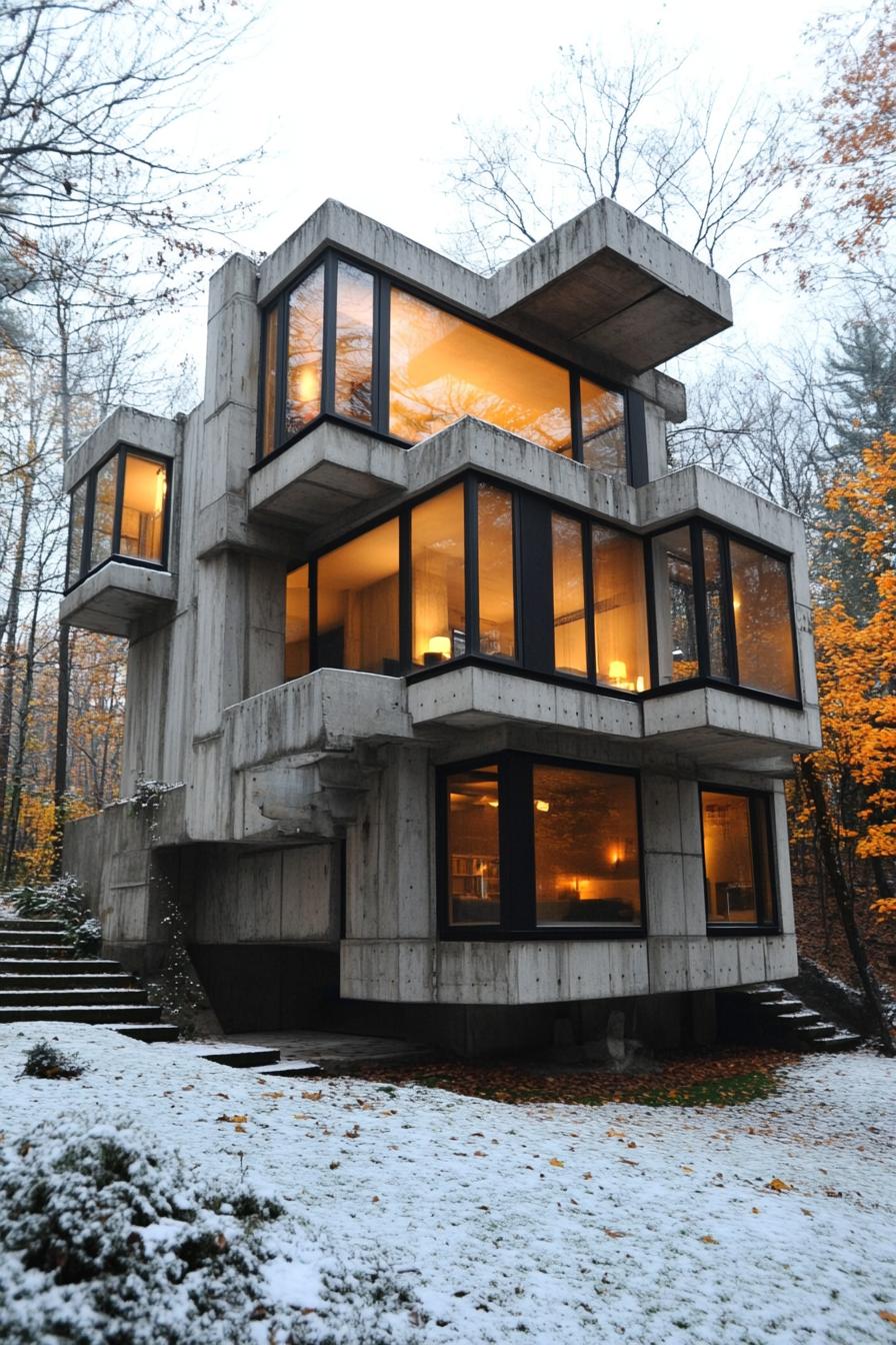 Modern multi-story concrete house with large windows glowing warmly against a wintery backdrop