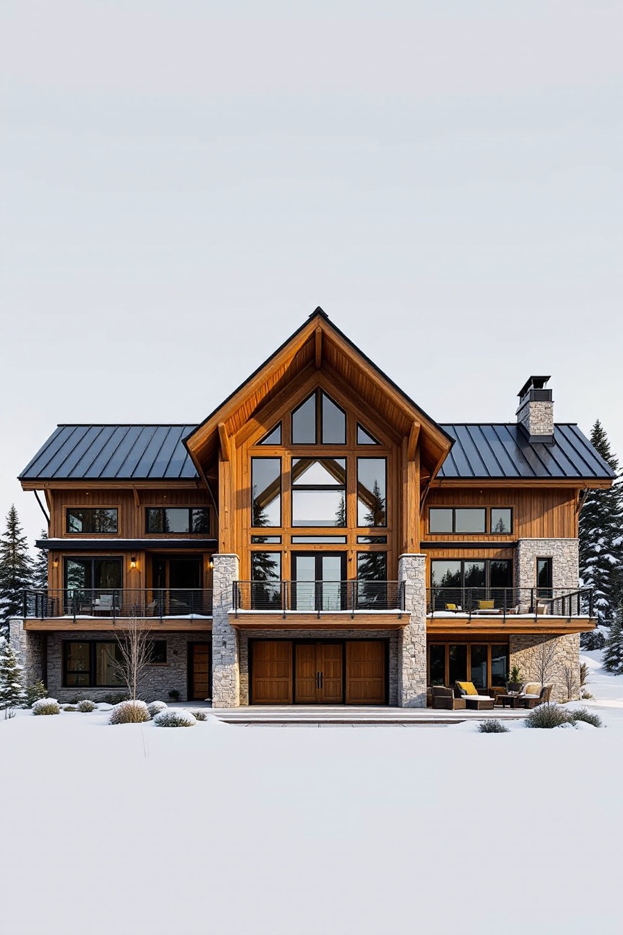 Charming wooden house with large windows in a snowy suburb