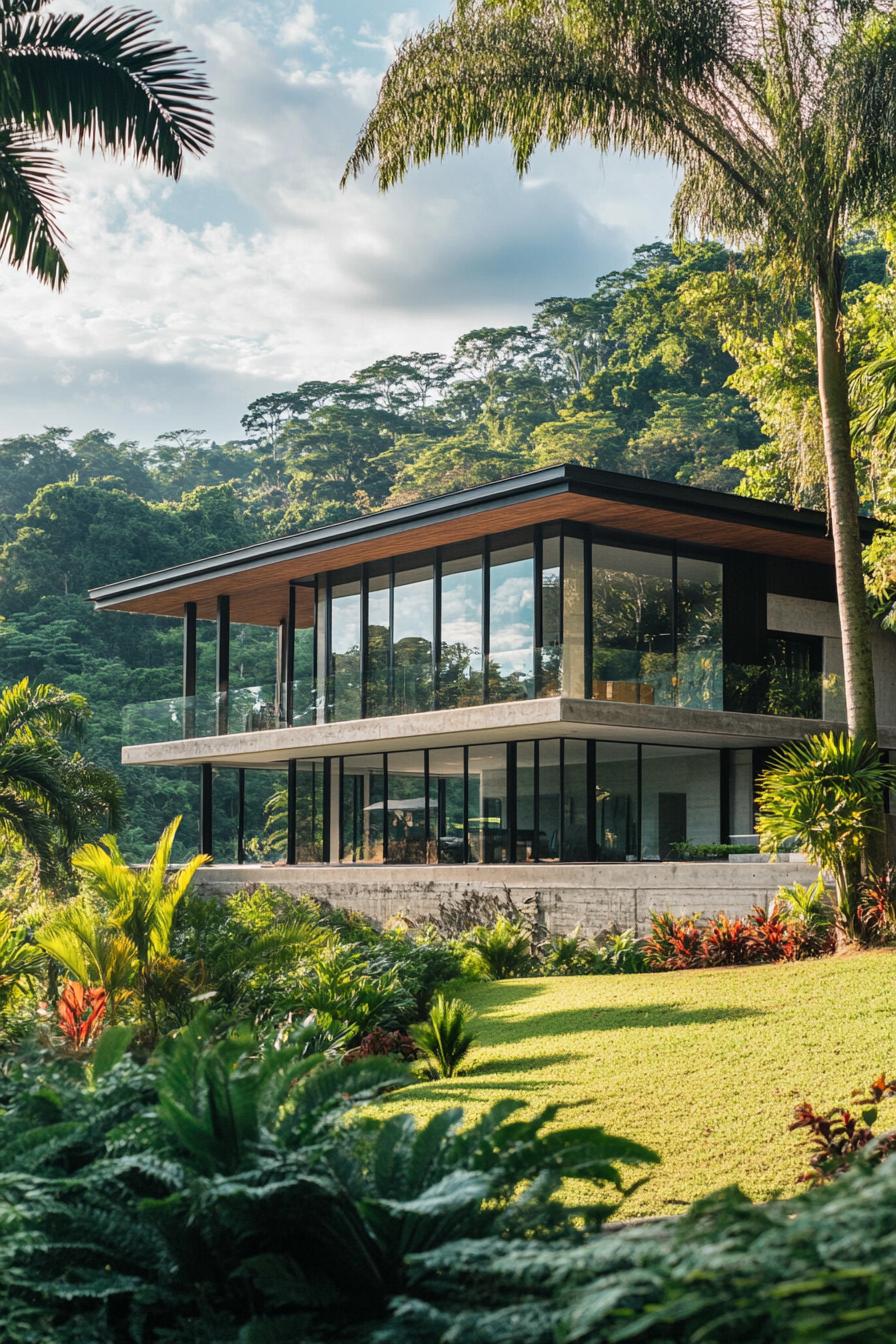 Modern villa with glass walls in a lush tropical setting