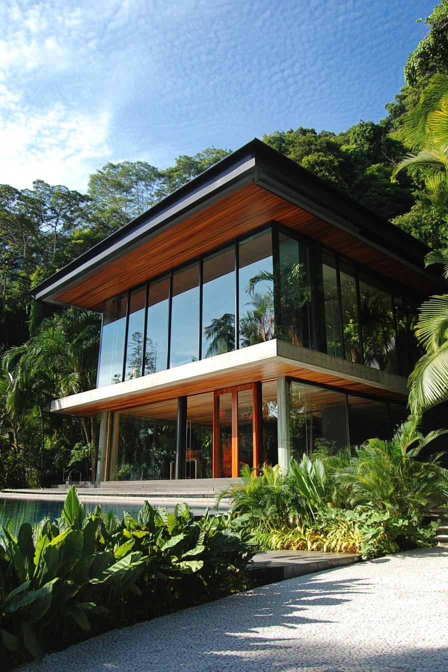 Modern tropical house with large glass windows surrounded by lush greenery