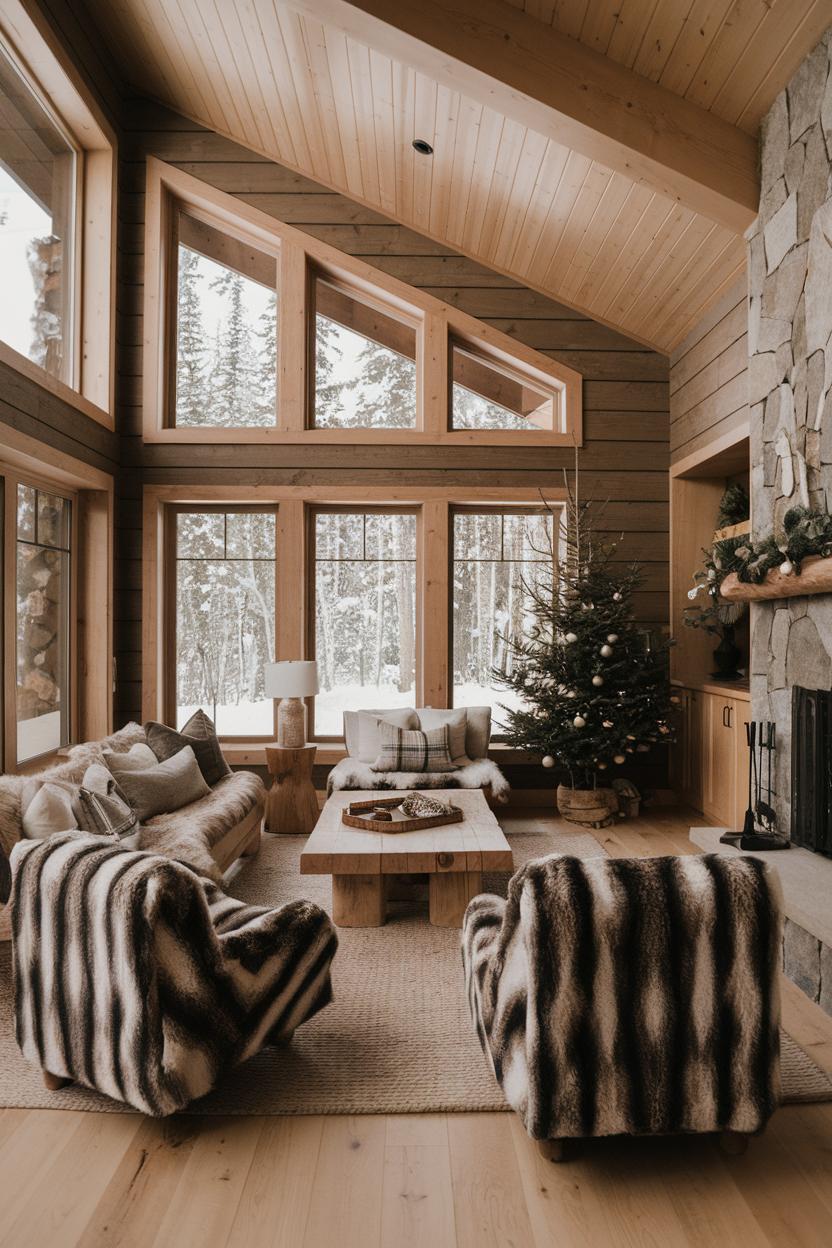 Rustic wood interior with large windows and a decorated tree