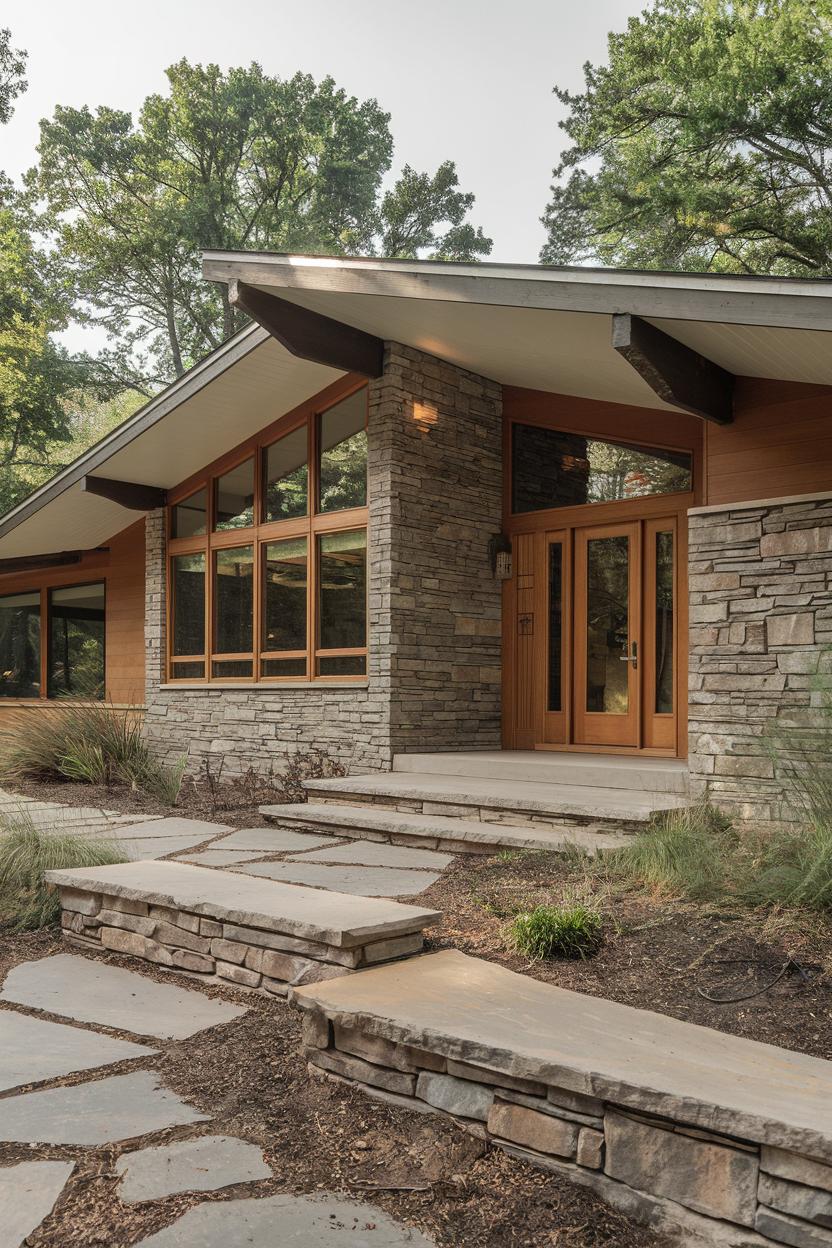 Mid-century ranch with stone facade and large windows