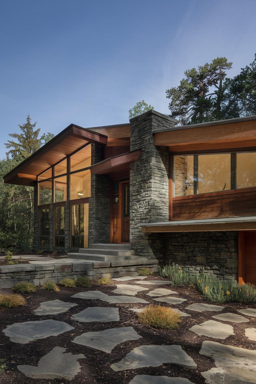 Stone facade of a mid-century ranch house with large windows