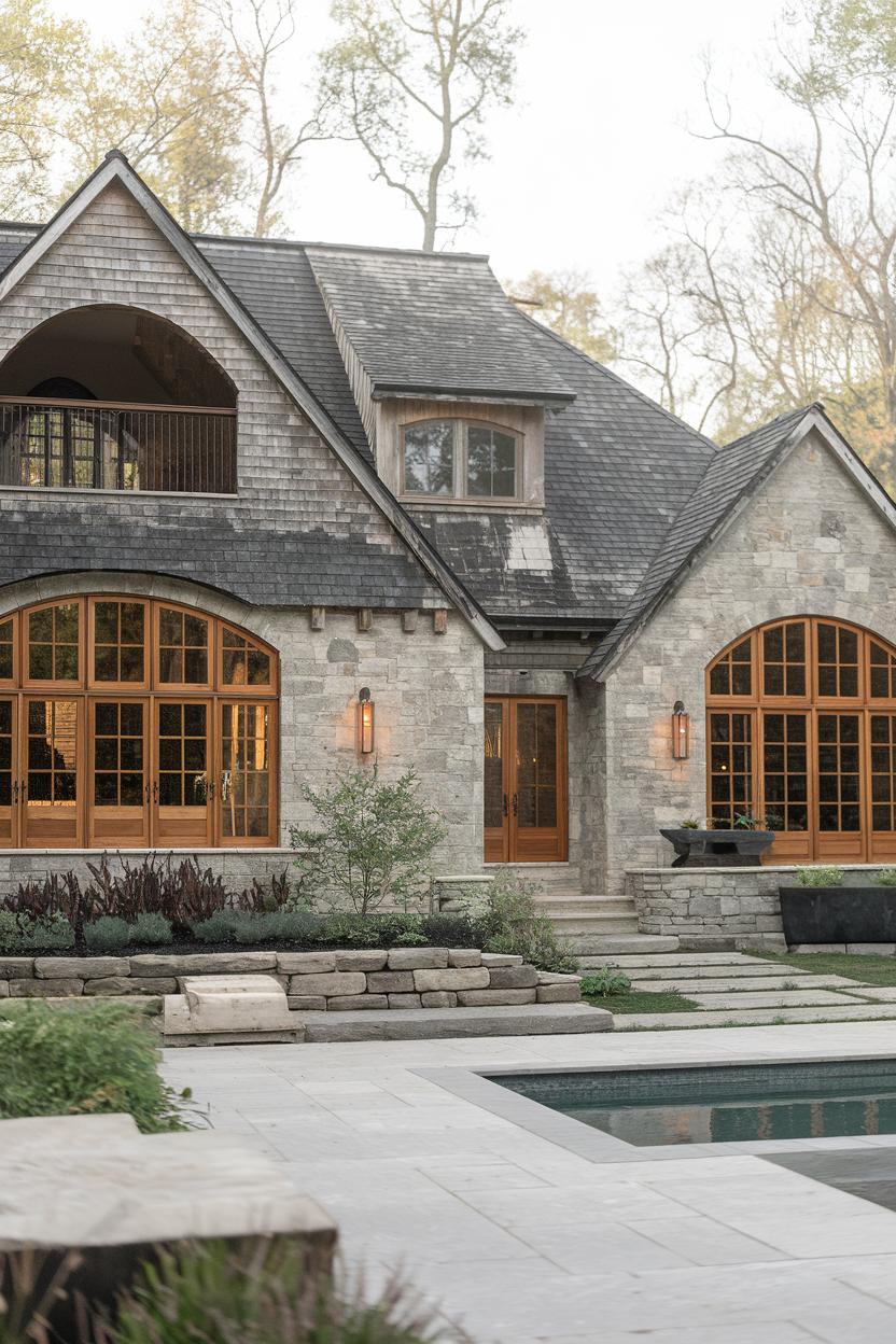 Stone cottage with large wooden windows and a stylish patio