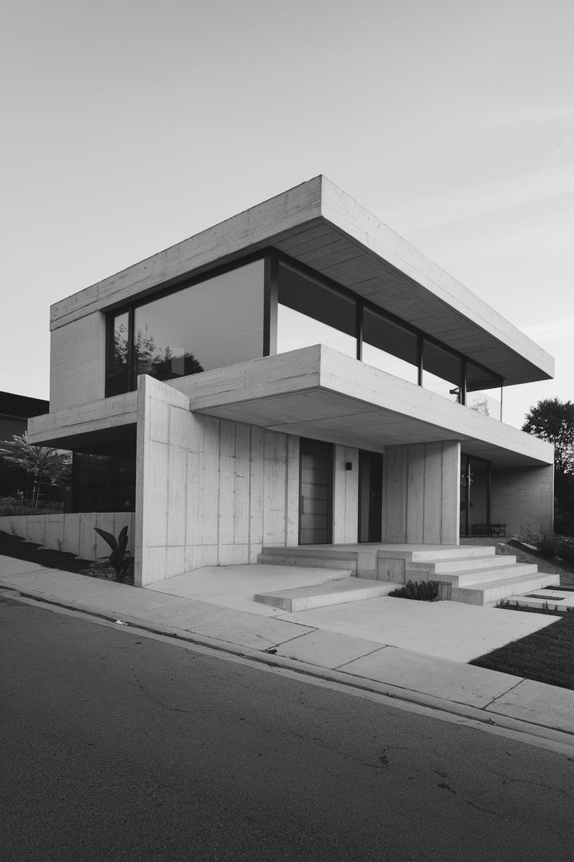 Minimalist concrete house with large rectangular windows