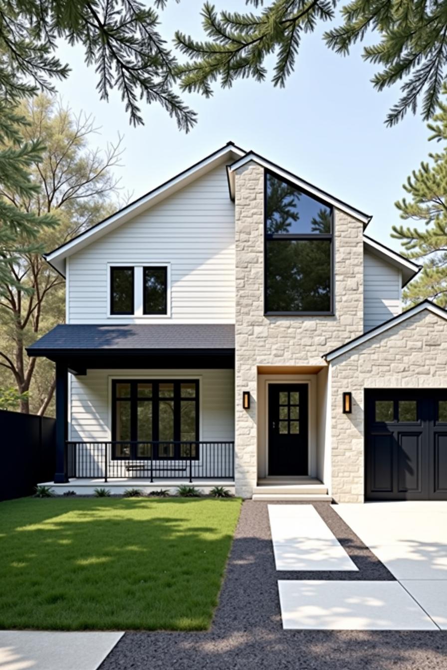 Modern home with stone accents and black shutters