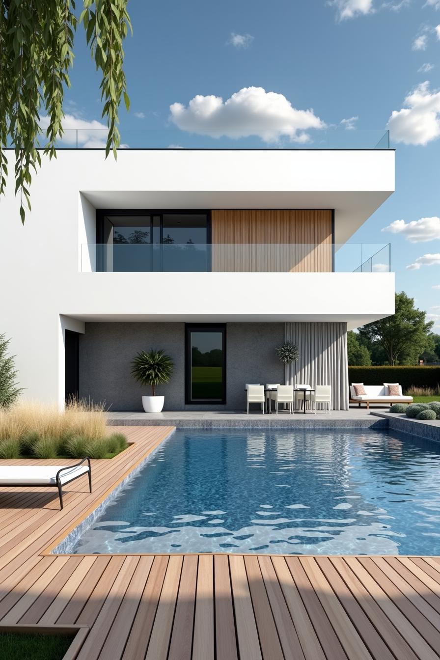 Modern house with pool and wooden deck