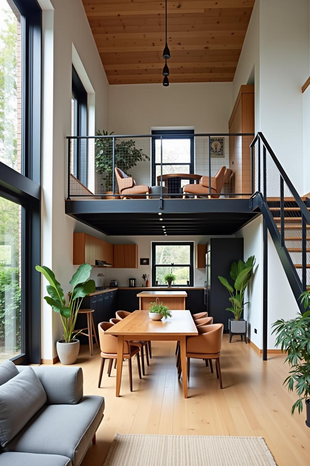 A stylish loft with a wooden interior and modern furniture