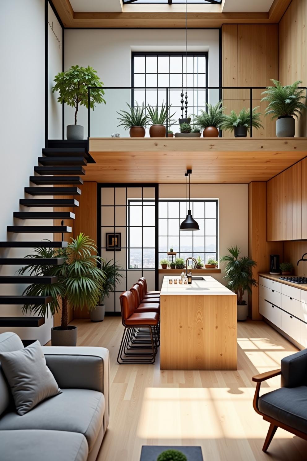 Cozy loft with plants and wooden interior