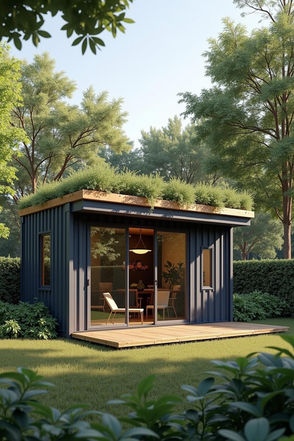 Tiny container house with a lush green roof surrounded by trees