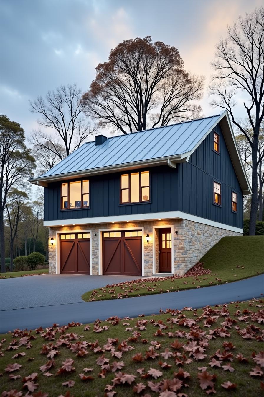 Two-story garage house with autumn leaves