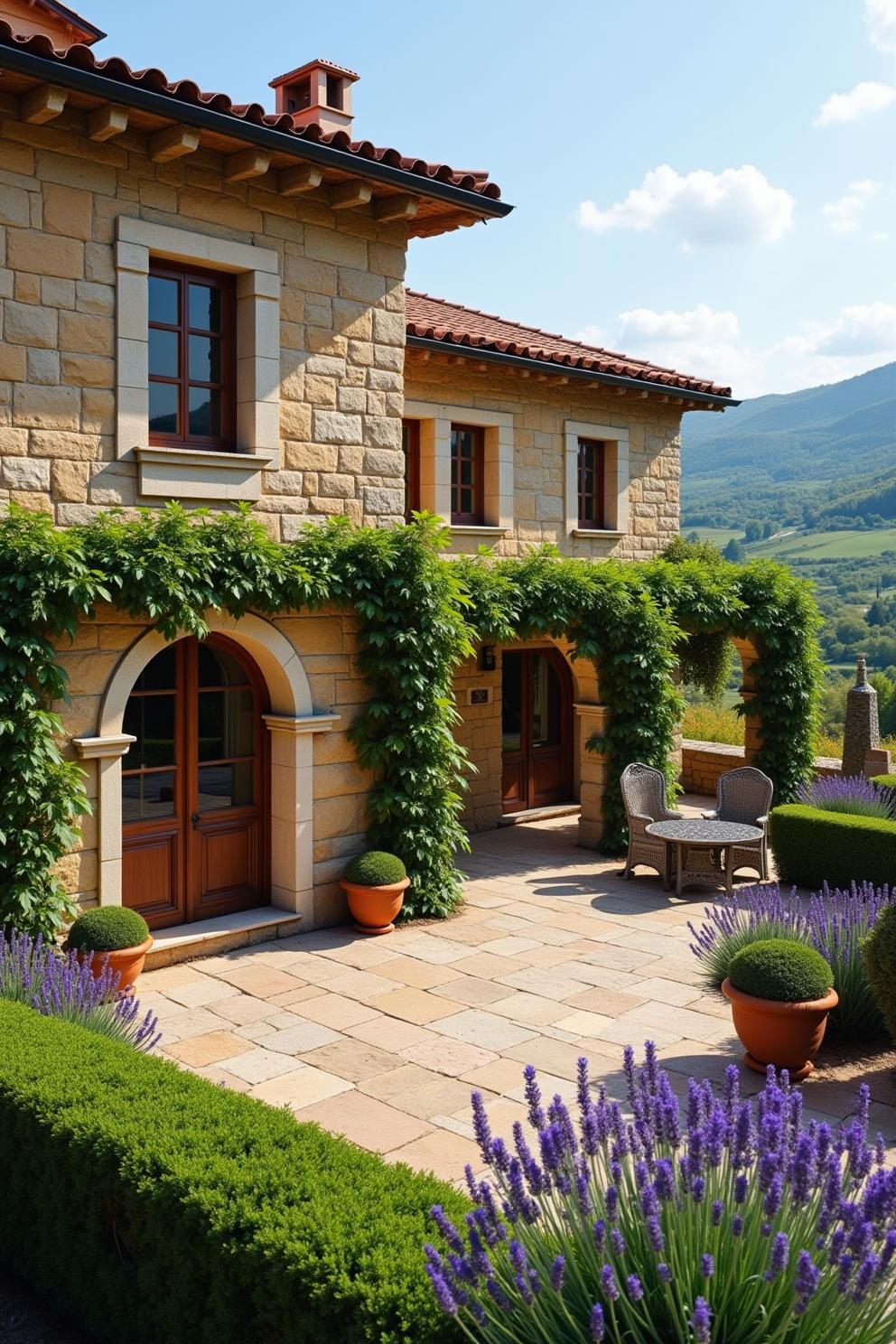 Tuscan villa with a stone facade surrounded by blooming lavender