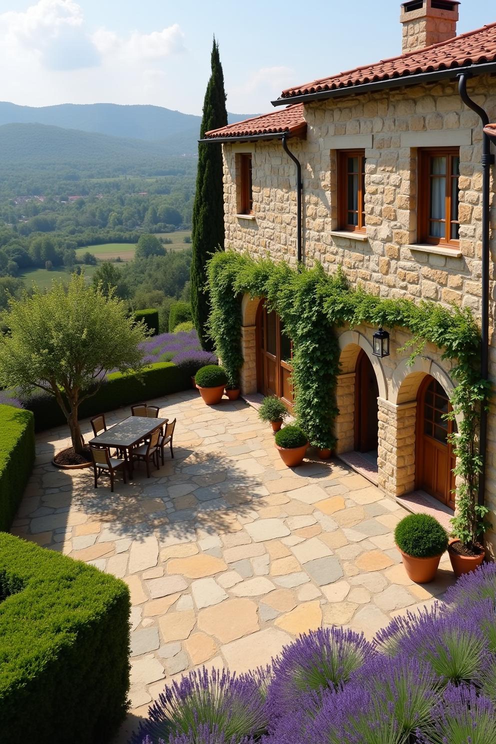 Charming patio with stone façade and lush greenery