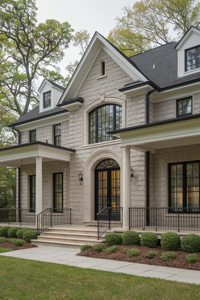 A grand house with a stone facade, large windows, and a welcoming porch