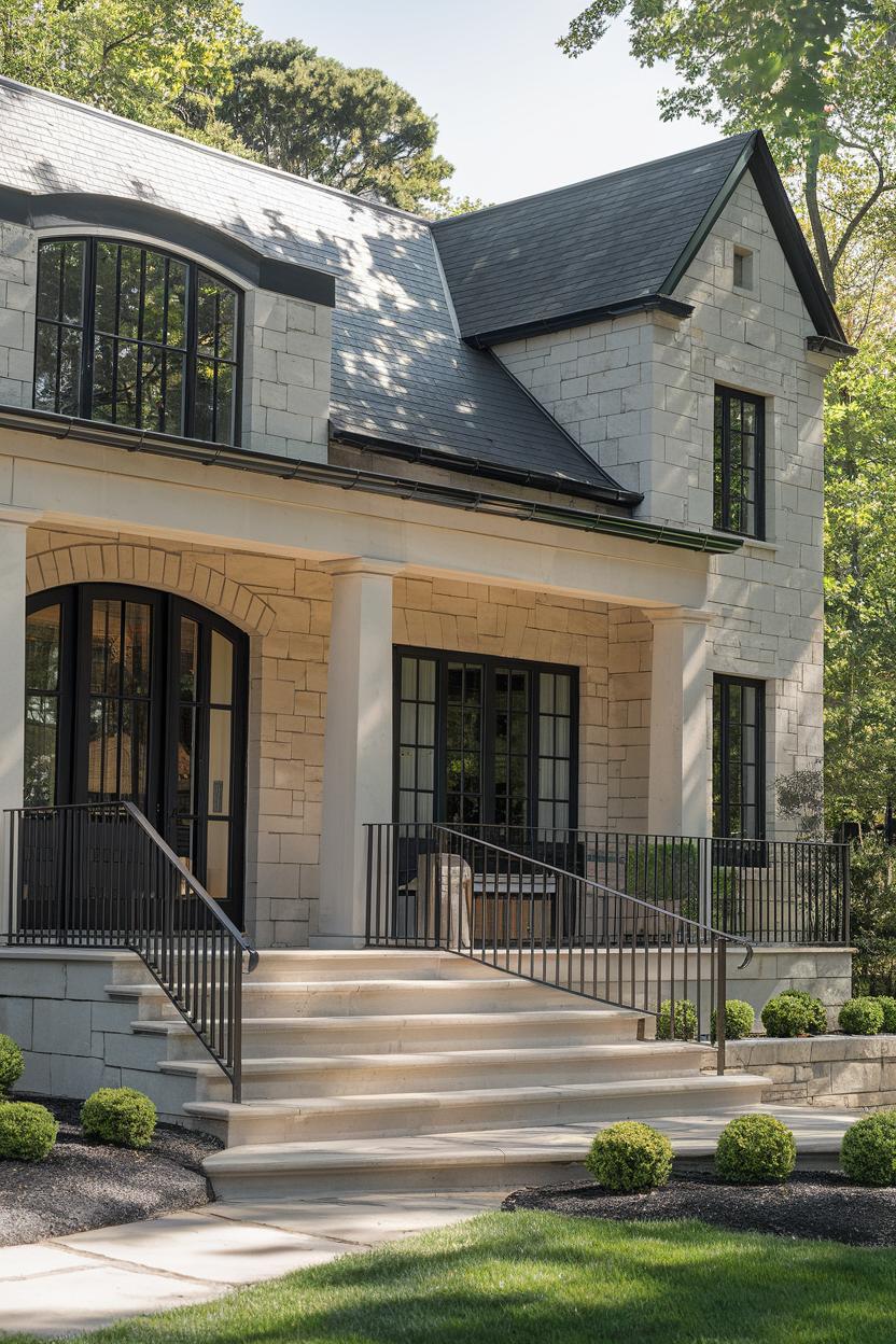 Elegant suburban house with arched windows and a welcoming porch