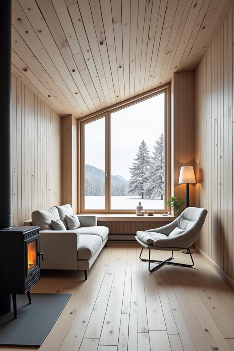 Cozy cabin room with large window overlooking snowy landscape