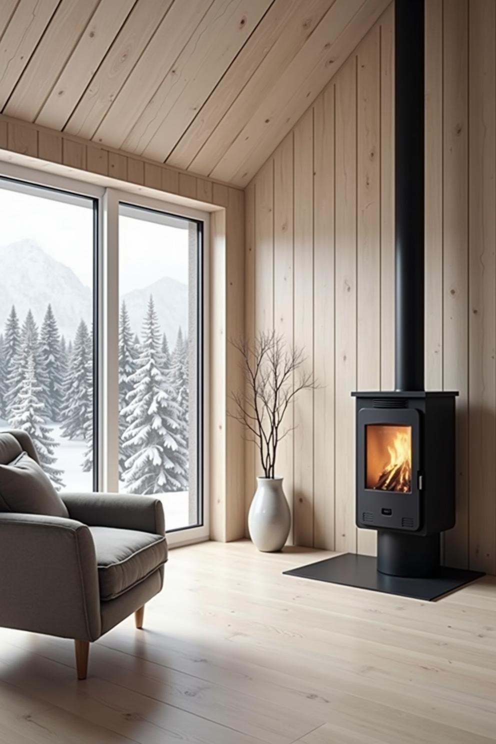 Cozy corner with wood stove and snowy view