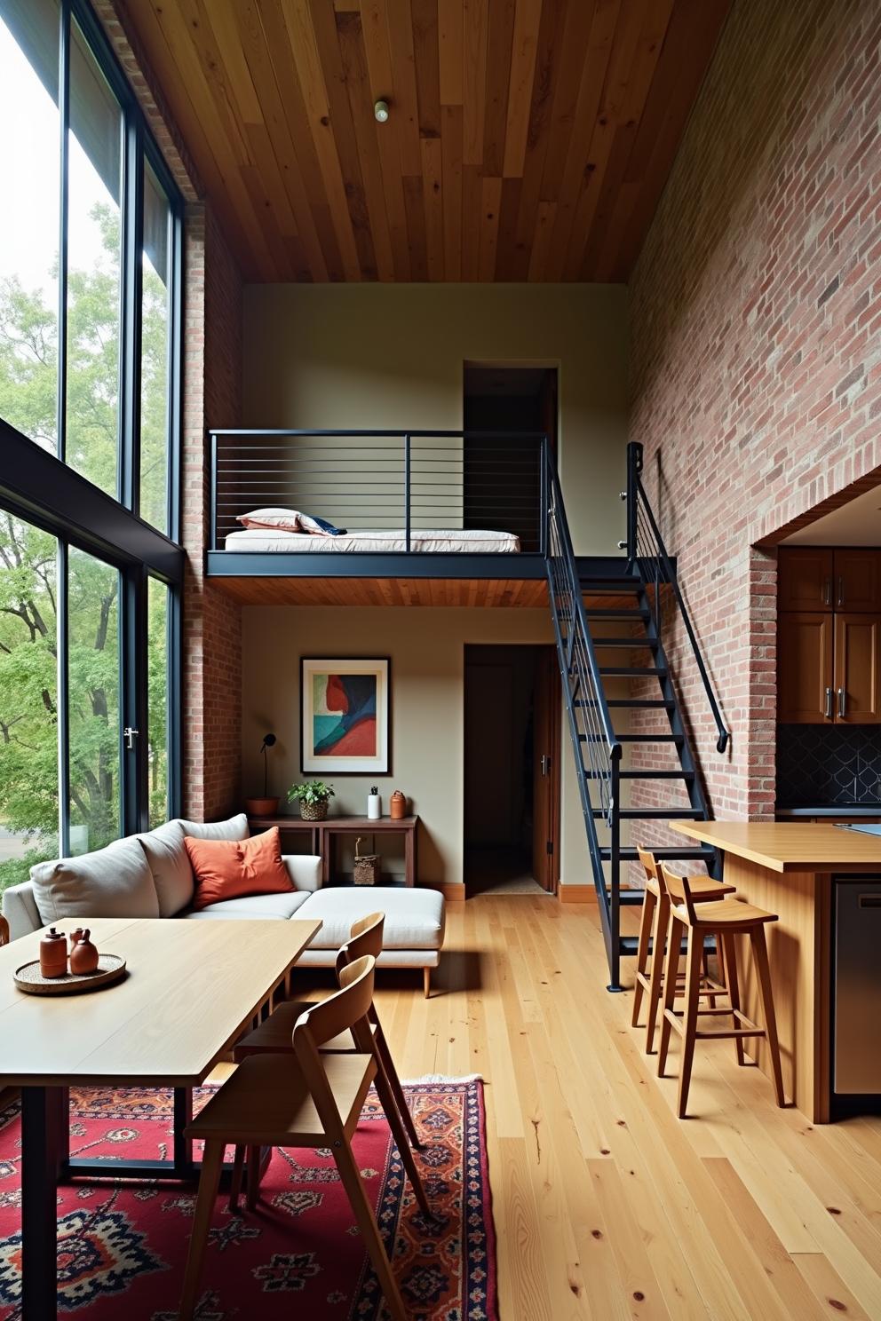 Bright loft with large windows and a mezzanine bed