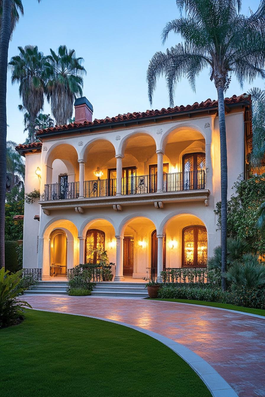 Mediterranean-style mansion with arched balconies and palm trees