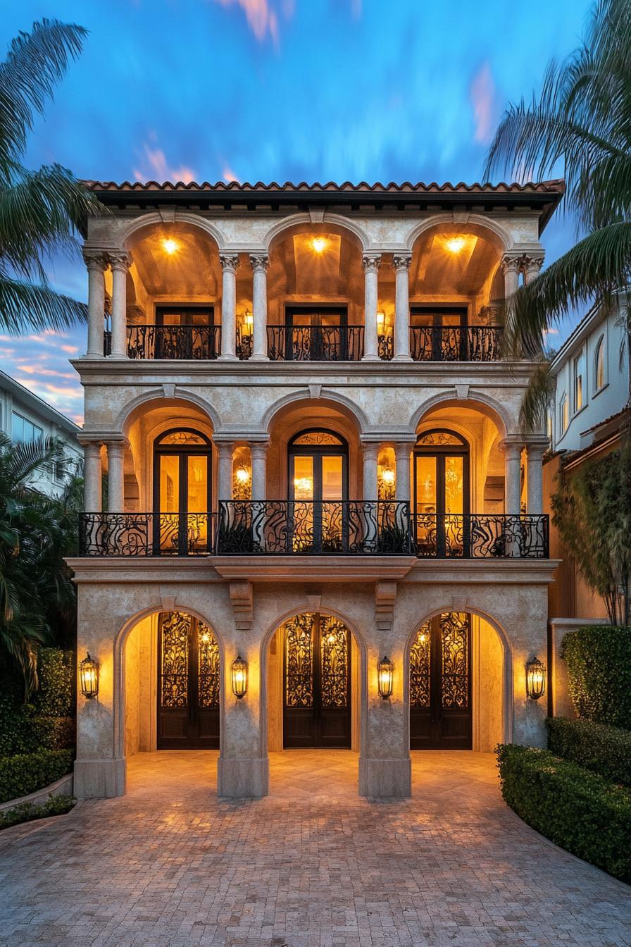 Illuminated villa with arches and wrought-iron details