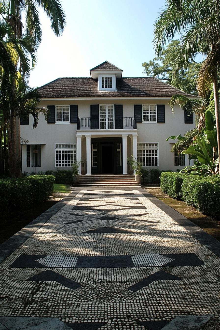 Grand staircase entrance with windows and lush greenery