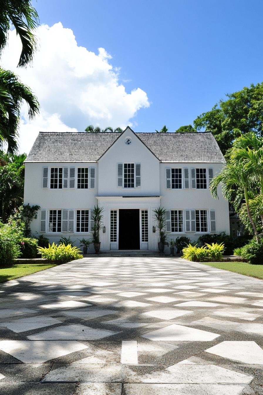 Grand colonial house with lush greenery and clear blue sky