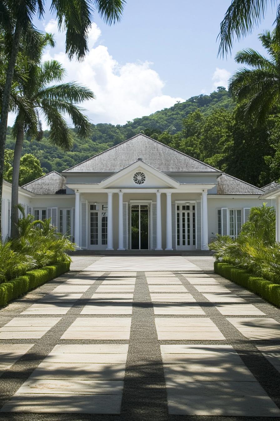 White colonial-style house with palm trees and mountain backdrop