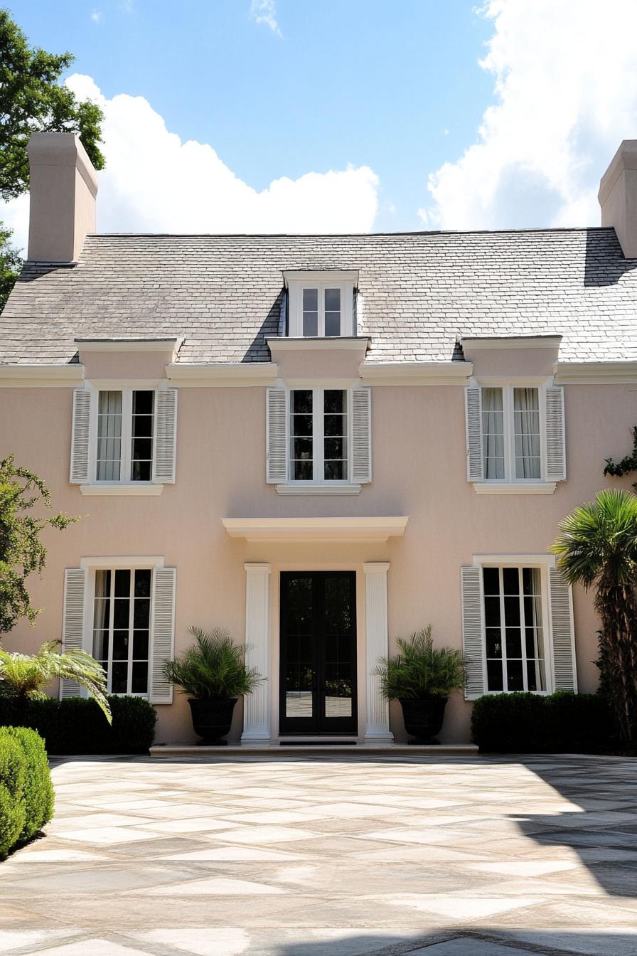 White colonial house with manicured plants and a sloping roof