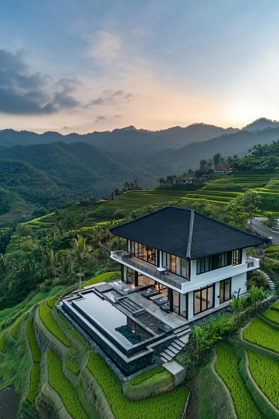 Modern villa with infinity pool nestled on rice terraces