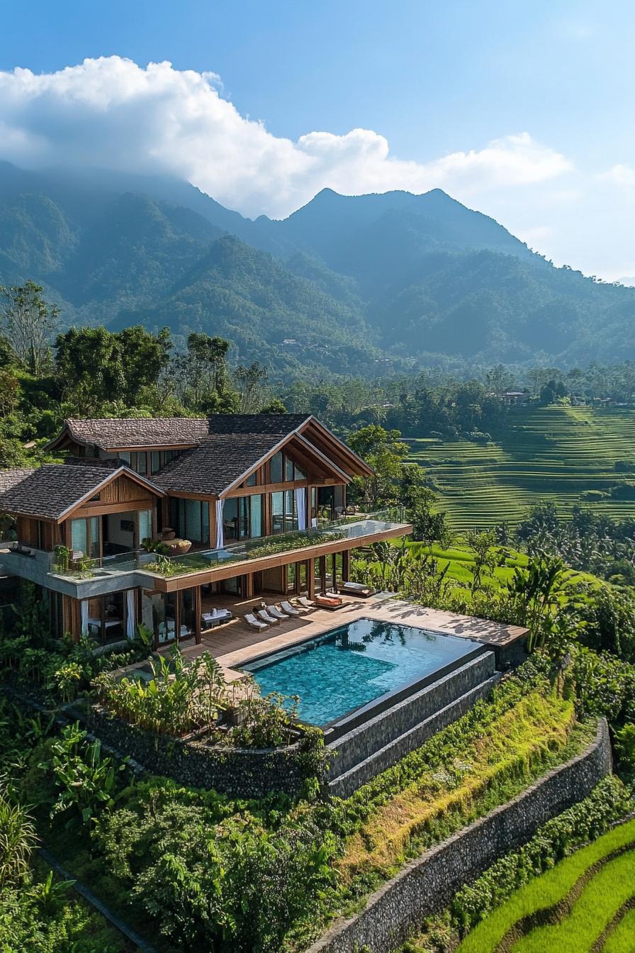 Luxurious villa overlooking lush hills and a sparkling pool