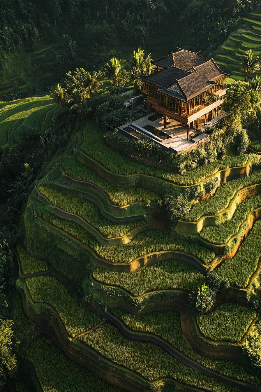 Wooden villa nestled amidst lush green rice terraces