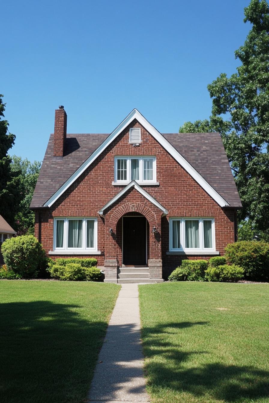 Brick ranch house with steep roof against blue sky