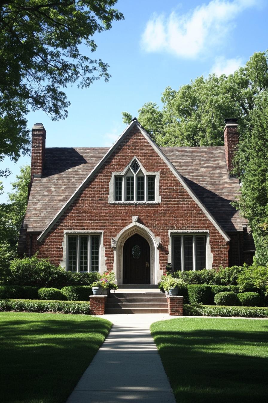 Brick ranch house with pointed roof and lush greenery