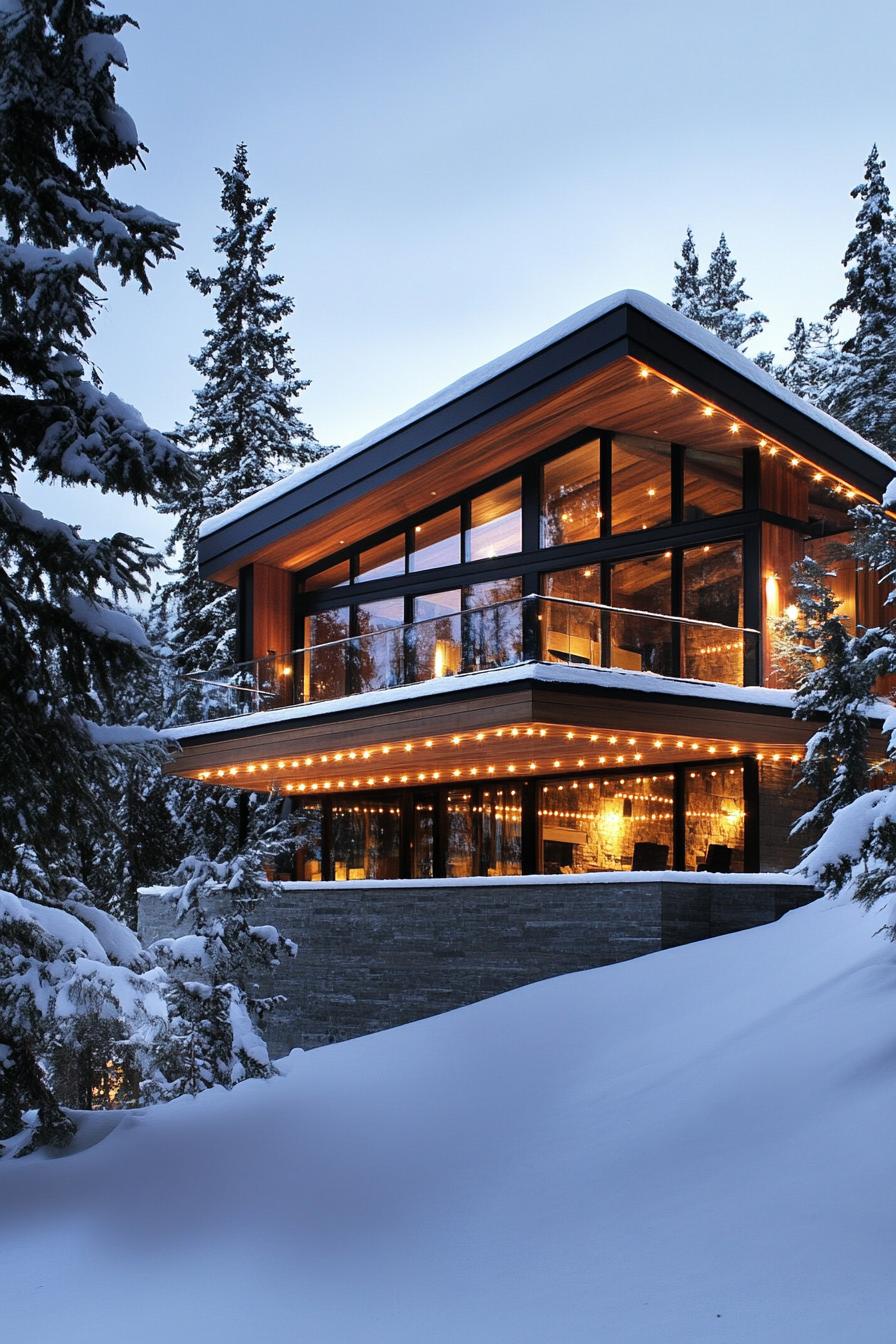 Modern cabin with large glass windows and snow-covered surroundings