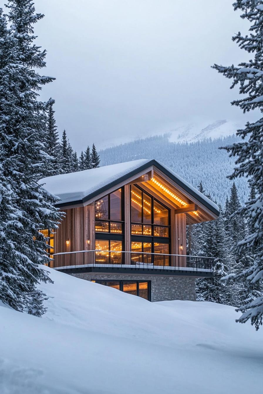 Idyllic snowy cabin with warm lights shining through glass panels