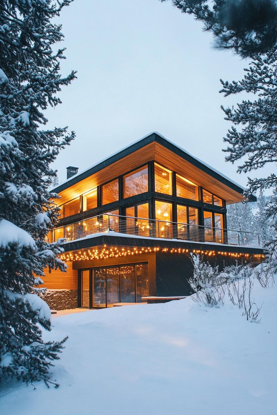 Modern cabin glowing warmly amidst snowy trees