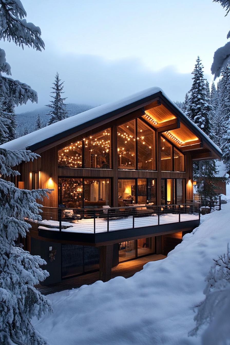 Wooden cabin surrounded by snow and trees with glowing lights inside