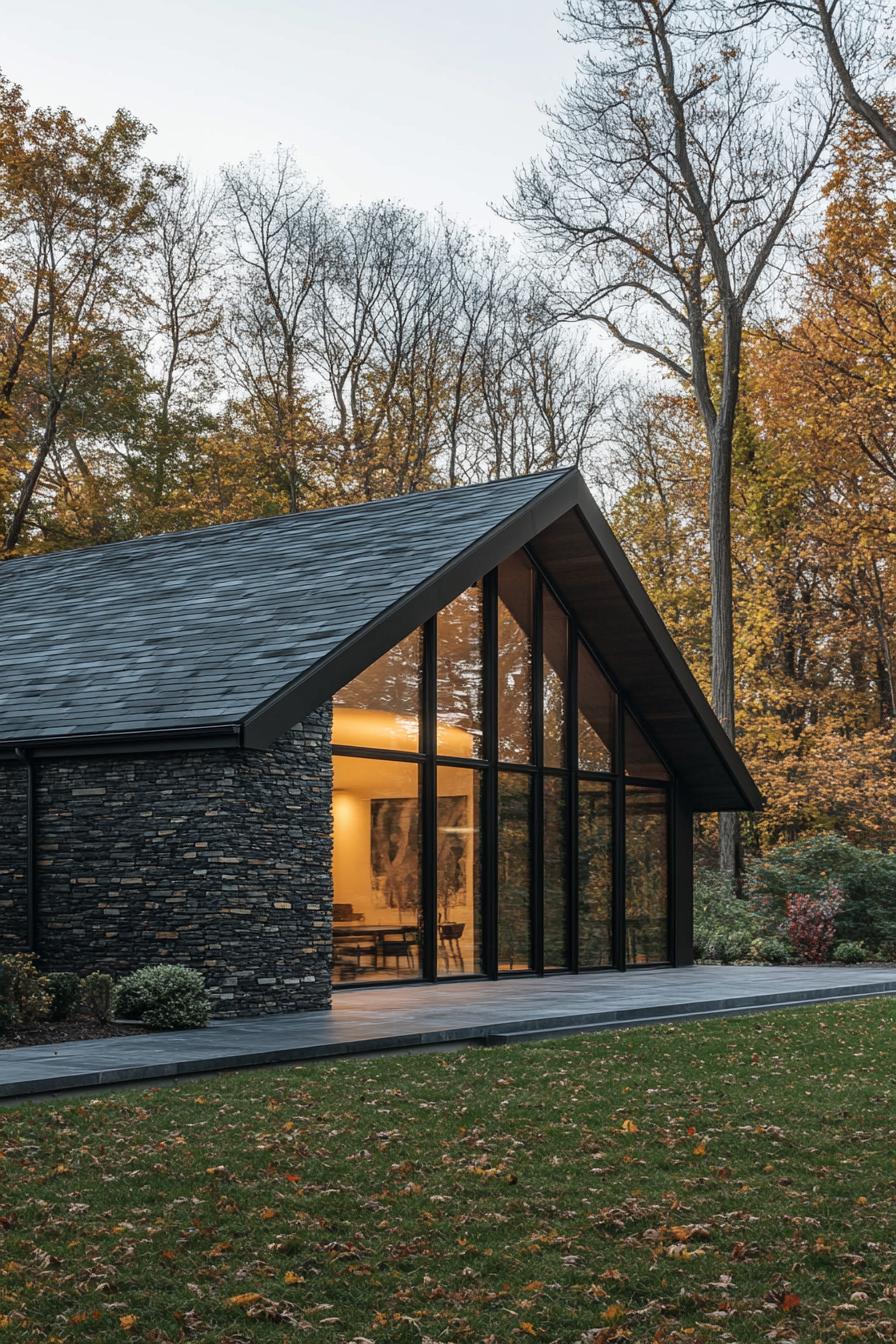 Modern house with stone walls and expansive glass windows