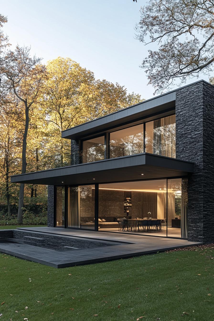 Modern house with stacked stone facade and large glass windows amidst greenery