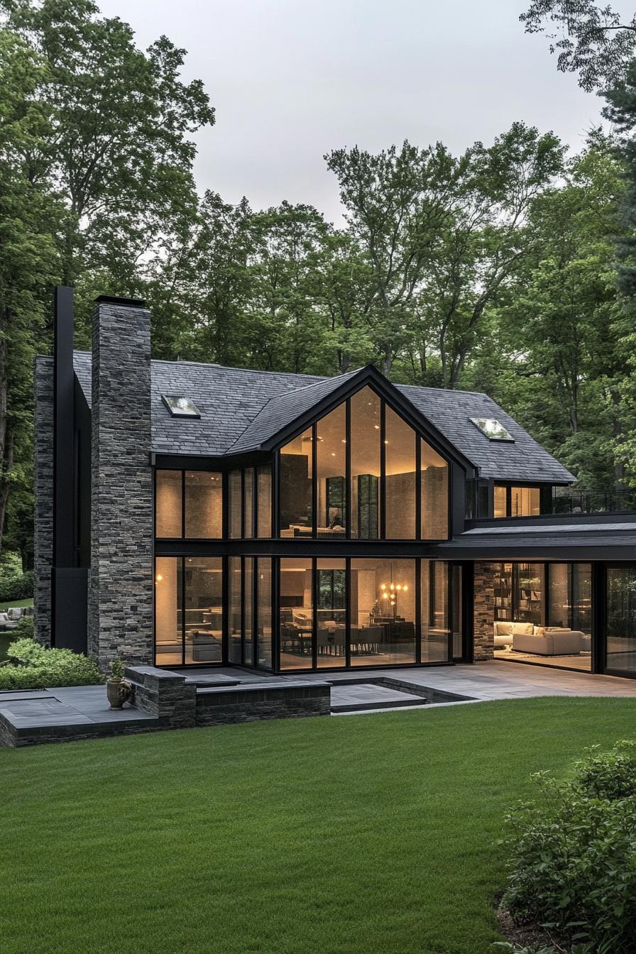 Modern house with large glass windows set in a forested area