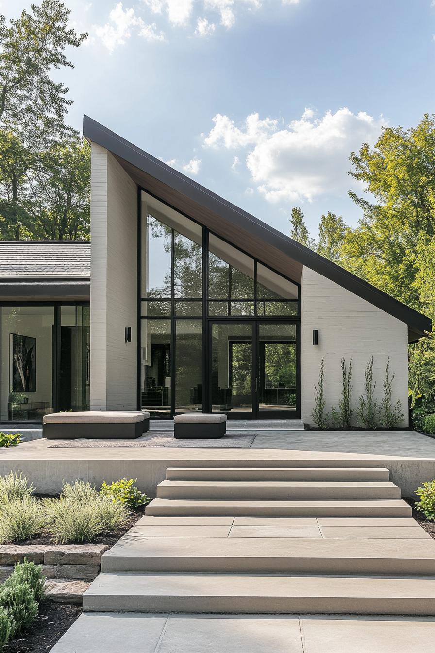 Modern bungalow with slanted roof and large glass windows