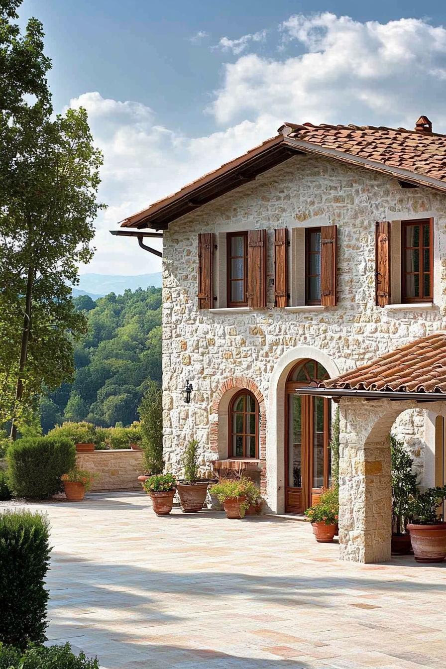 Italian farmhouse with stone walls and wooden shutters