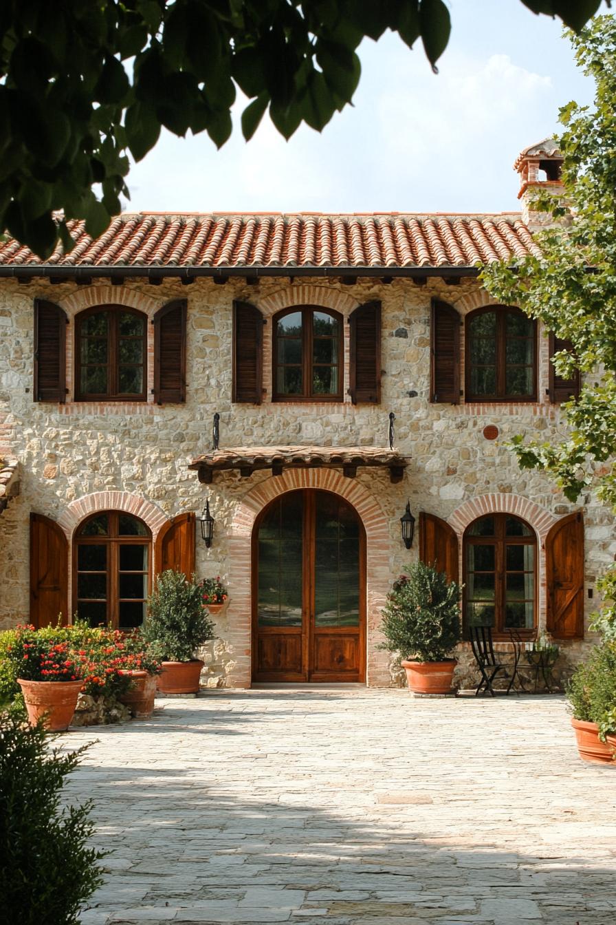 Stone farmhouse with rustic wooden shutters