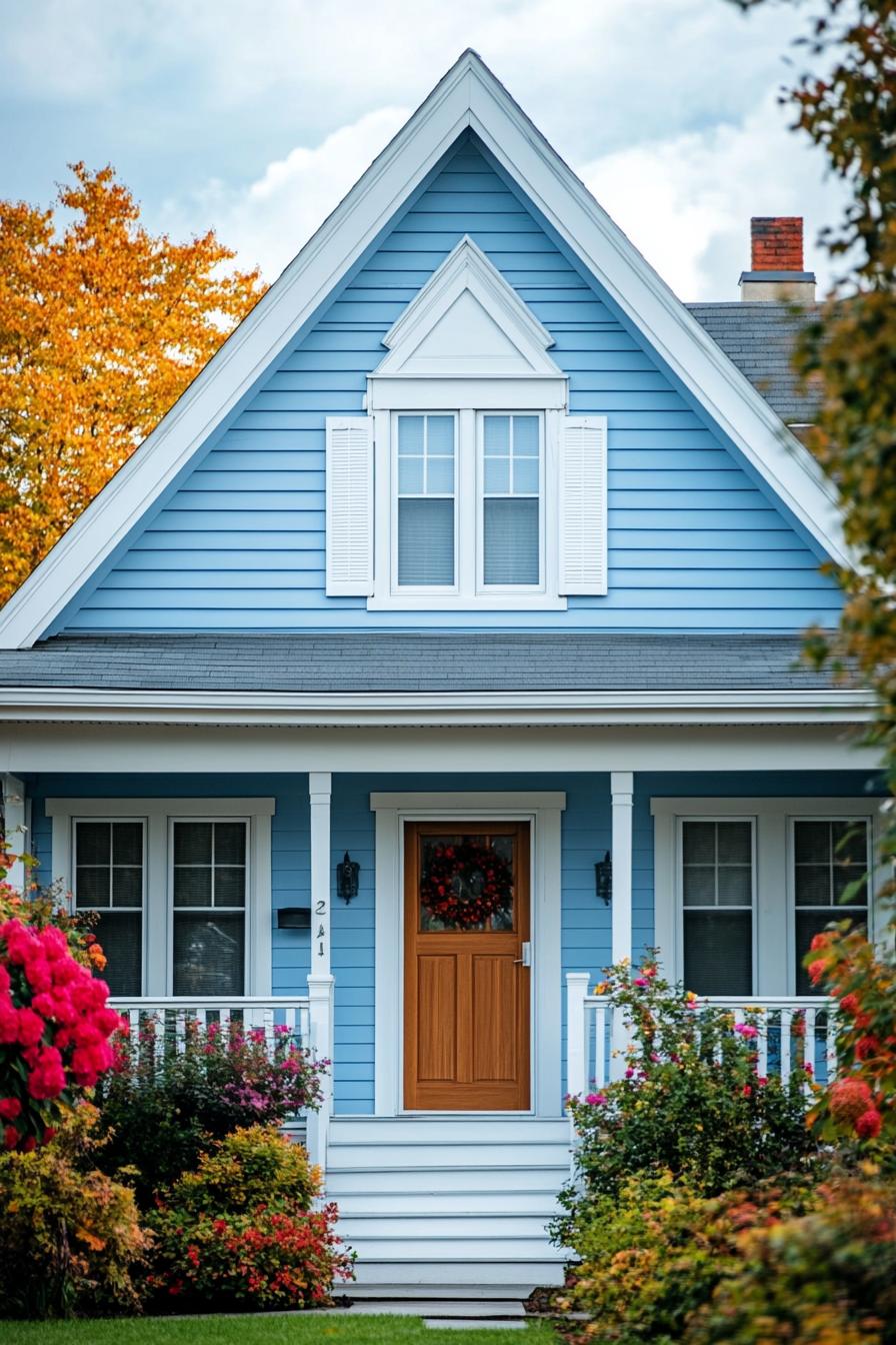 Quaint blue house with a gable roof and vibrant garden