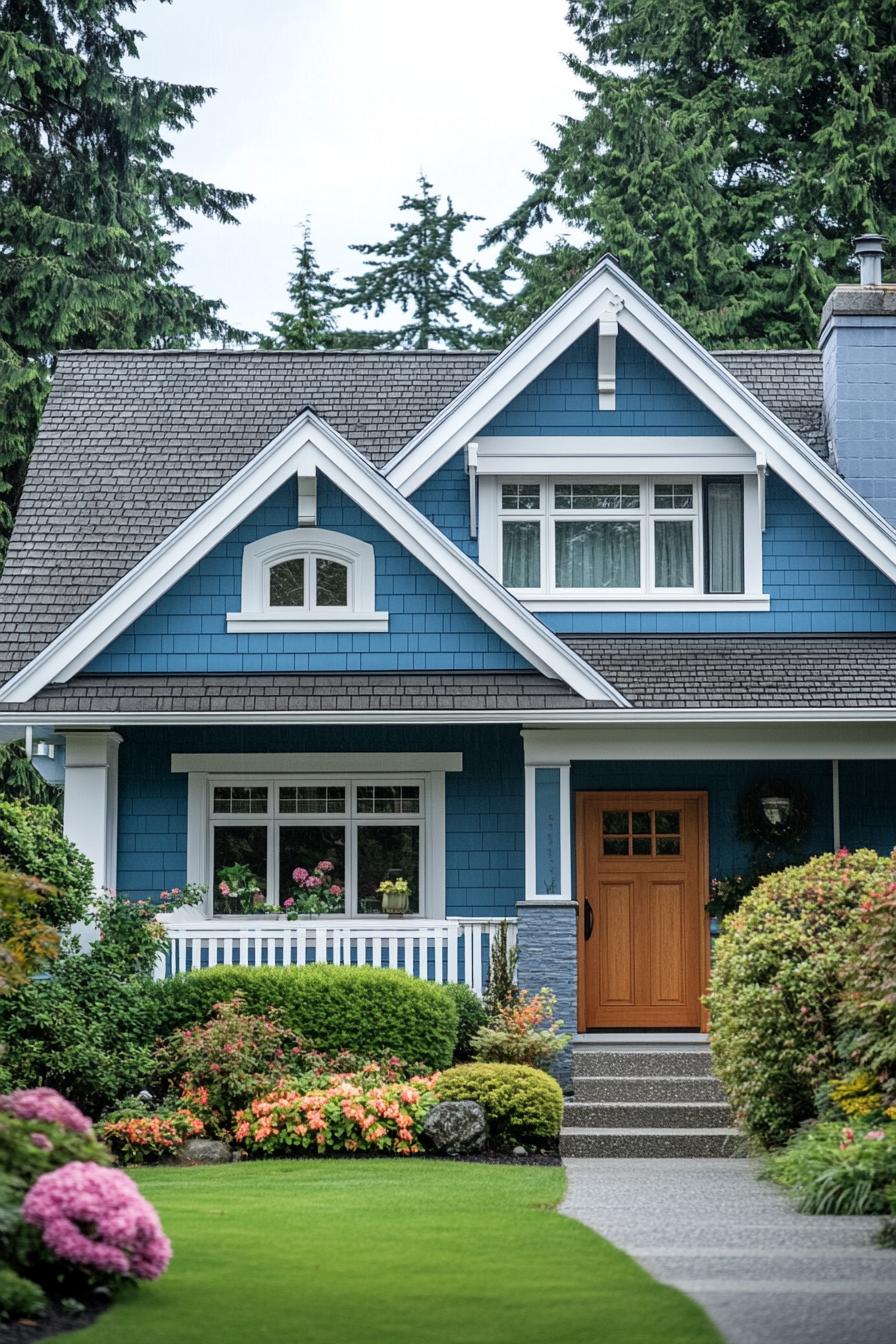 Charming blue house with lush green lawn