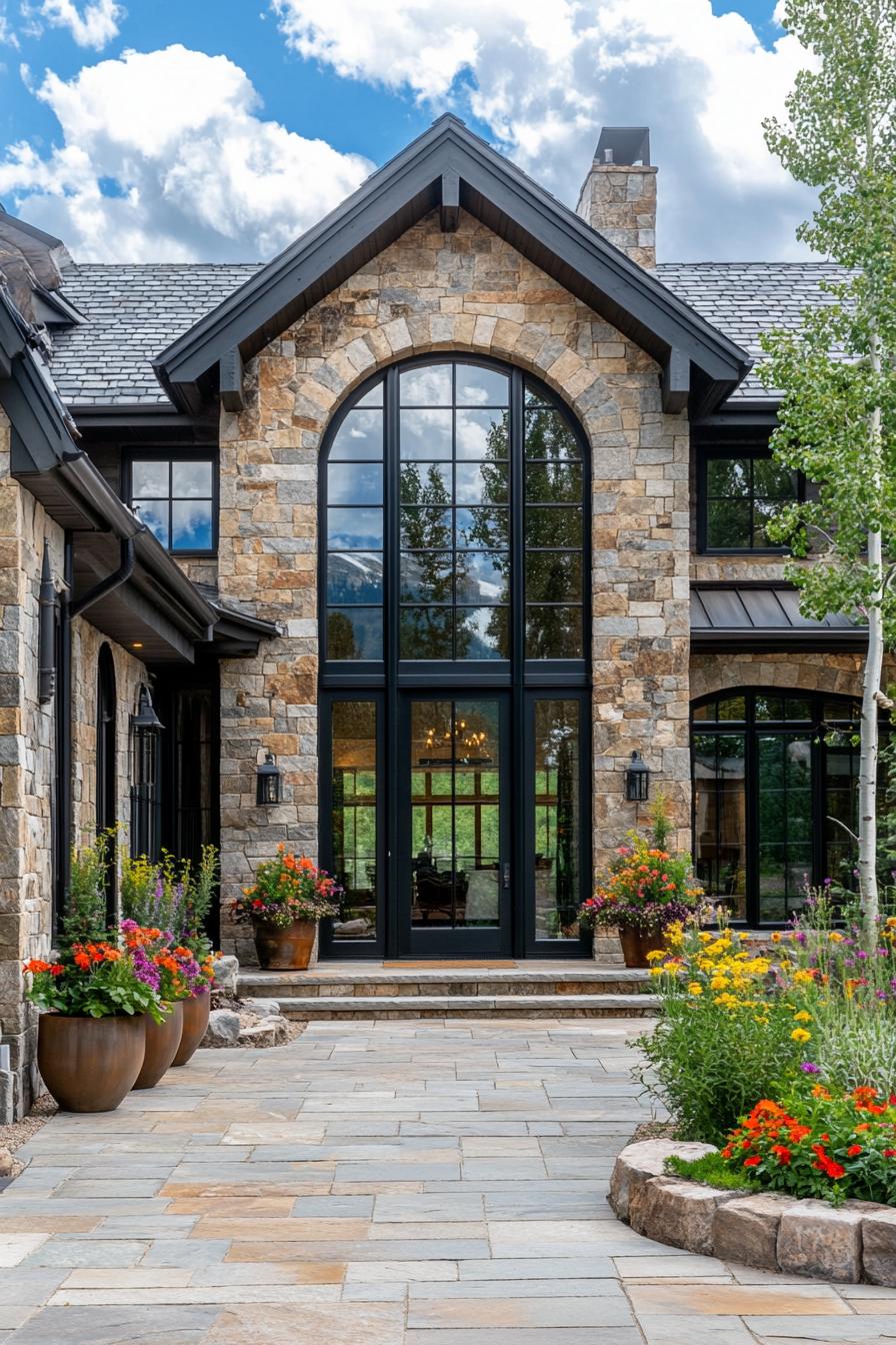 Beautiful stone house with arched windows and lush garden