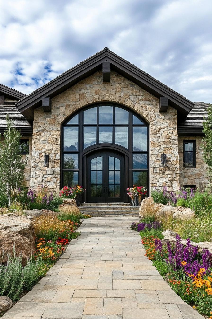 Elegant stone house with arched windows and flower-lined path