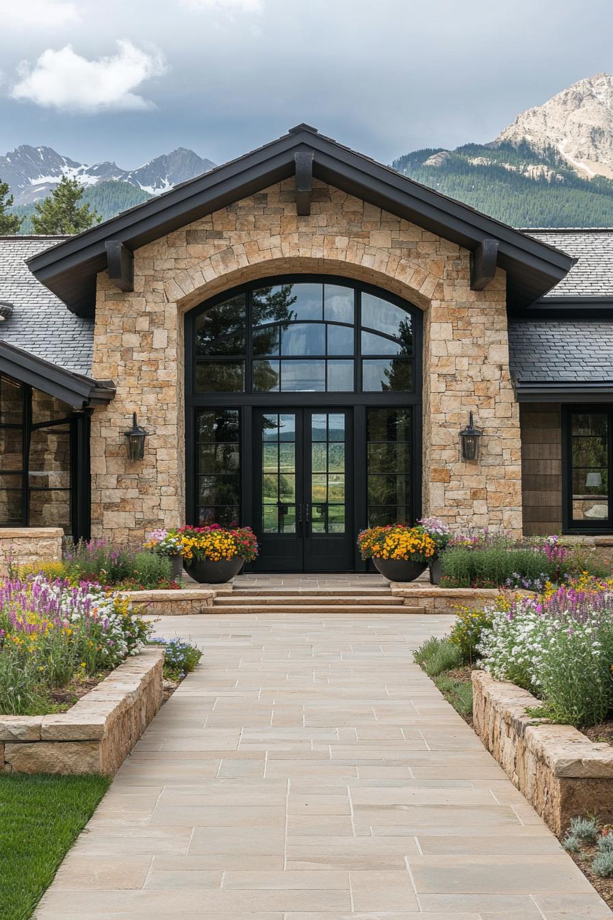 Rustic stone house with mountain backdrop