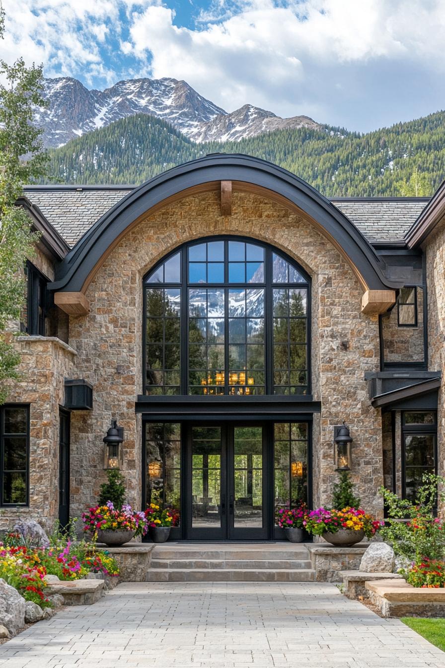 Grand stone entrance with stunning mountain backdrop